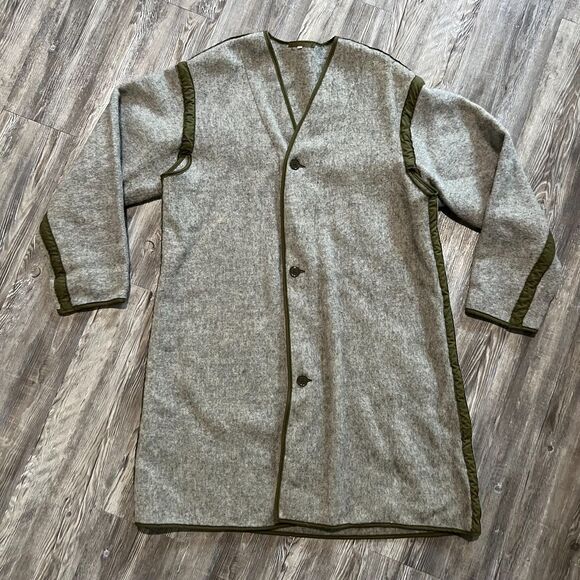 Vintage Military Quilted Wool Field Liner Coat Gray Olive Trim Long Overcoat - Picture 1 of 4